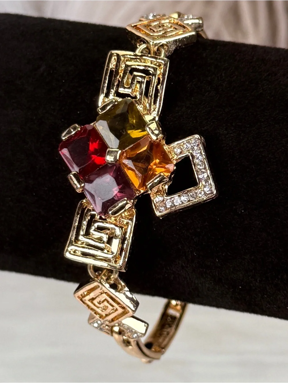 Vintage Geometric Goldtone Bracelet Multicolor Faceted Stones Greek Key Links